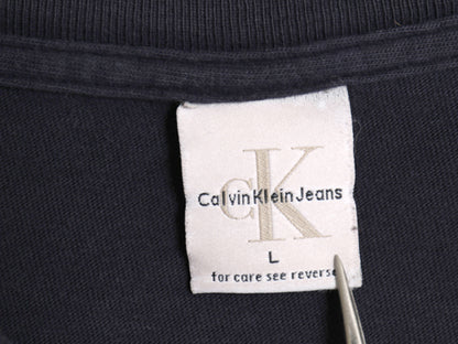 90s USA製 カルバンクライン ジーンズ ロゴ プリント 半袖 Tシャツ メンズ L 古着 オールド CK ワンポイント シンプル ヘビーウェイト 紺