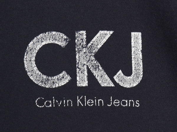 90s USA製 カルバンクライン ジーンズ ロゴ プリント 半袖 Tシャツ メンズ L 古着 オールド CK ワンポイント シンプル ヘビーウェイト 紺