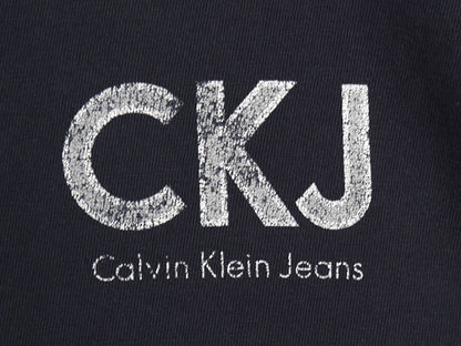 90s USA製 カルバンクライン ジーンズ ロゴ プリント 半袖 Tシャツ メンズ L 古着 オールド CK ワンポイント シンプル ヘビーウェイト 紺