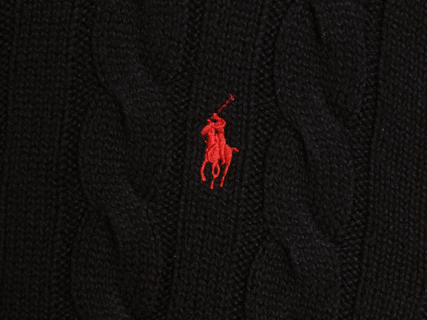 ポロ ラルフローレン コットン ケーブル ニット セーター メンズ L / 古着 クルーネック ワンポイント ポニー 刺繍 無地 ブラック シンプル