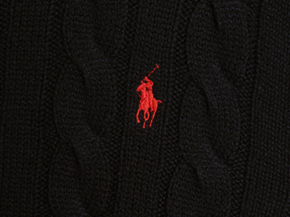 ポロ ラルフローレン コットン ケーブル ニット セーター メンズ L / 古着 クルーネック ワンポイント ポニー 刺繍 無地 ブラック シンプル