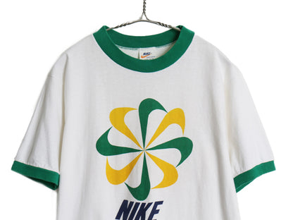 70s USA製 ★ ナイキ 風車 ロゴ プリント リンガー Tシャツ メンズ L オレンジタグ ヴィンテージ 当時物 スウォッシュ 染込み コットン 白