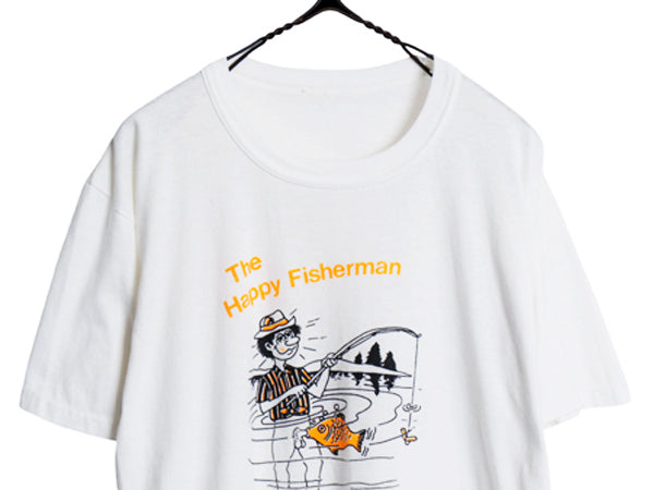 80s ★ 下ネタ ジョーク イラスト プリント Tシャツ メンズ M / ヴィンテージ シングルステッチ エロ アート フィッシング キャラクター 白