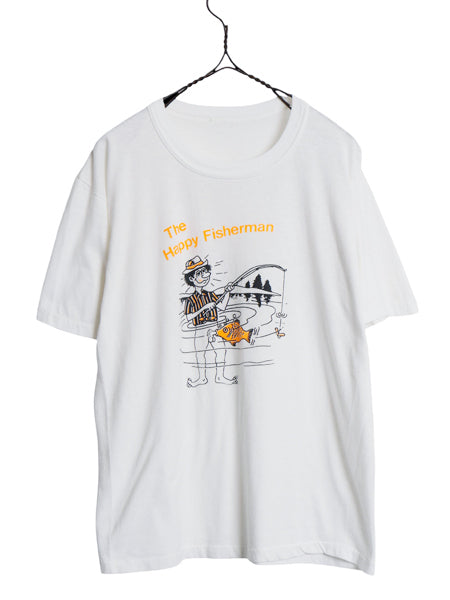 80s ★ 下ネタ ジョーク イラスト プリント Tシャツ メンズ M / ヴィンテージ シングルステッチ エロ アート フィッシング キャラクター 白