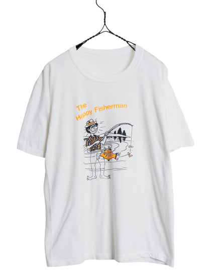 80s ★ 下ネタ ジョーク イラスト プリント Tシャツ メンズ M / ヴィンテージ シングルステッチ エロ アート フィッシング キャラクター 白