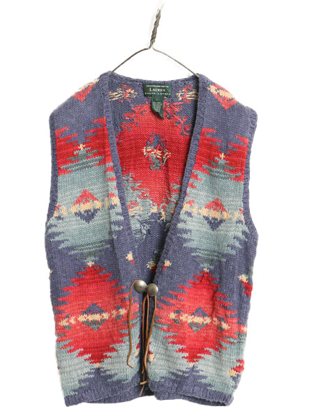 90s ローレン ラルフローレン ネイティブ ニット ベスト レディース L / ポロ ハンドメイド リネン コットン セーター 前開き 重ね着 総柄