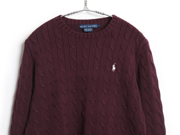 90s ラルフローレン コットン ケーブル ニット セーター レディース L 古着 オールド ポロ ワンポイント 長袖ニット クルーネック シンプル