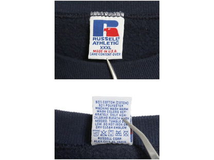 90s USA製 ラッセル カレッジ プリント スウェット メンズ XXXL / オールド トレーナー 裏起毛 前V クルーネック 大きいサイズ トップス 紺