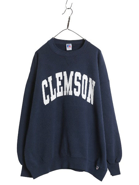 90s USA製 ラッセル カレッジ プリント スウェット メンズ XXXL / オールド トレーナー 裏起毛 前V クルーネック 大きいサイズ トップス 紺