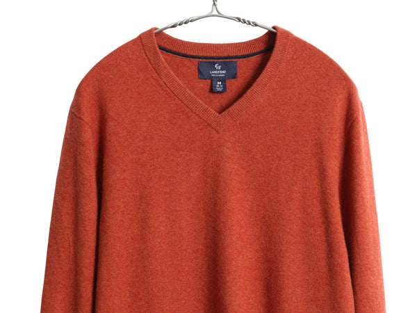 ランズエンド Vネック ニット セーター メンズ M 古着 高級 100% カシミヤ 長袖ニット 無地 シンプル カジュアル ハイゲージ オレンジ 薄手