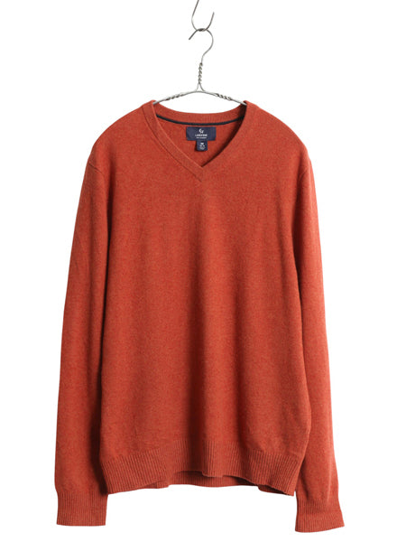 ランズエンド Vネック ニット セーター メンズ M 古着 高級 100% カシミヤ 長袖ニット 無地 シンプル カジュアル ハイゲージ オレンジ 薄手