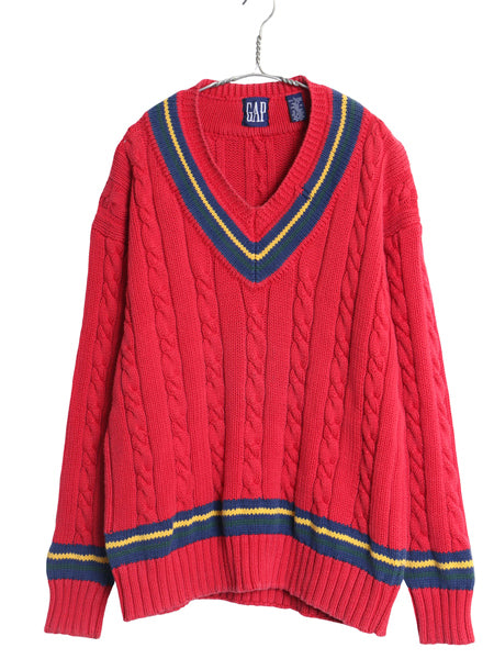 90s オールド ギャップ チルデン ケーブル ニット セーター メンズ L / 旧タグ Vネック 長袖ニット ヘビーウェイト コットン ゆったり 赤