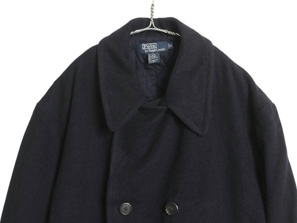90s ポロ ラルフローレン ウール Pコート メンズ XL オールド ハーフ コート 中綿 キルティング ライナー付き 大きいサイズ トラッド 濃紺
