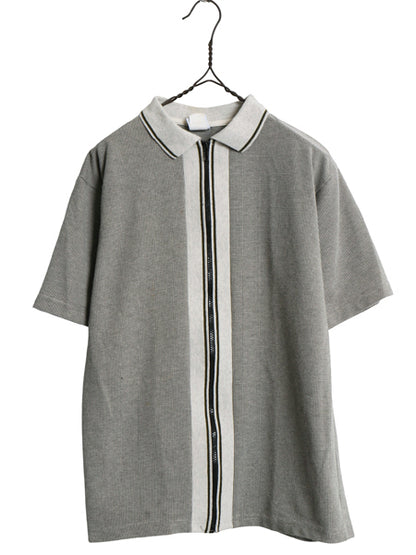 90s 00s USA製 ☆ UTILITY フルジップ 半袖 シャツ メンズ XL 小さめ L 程 古着 オールド カノコ ポロシャツ 襟付き ストレッチ 前開き Y2K
