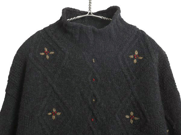 80s エルエルビーン ハイネック ウール ニット セーター レディース M ヴィンテージ アウトドア 花柄 フラワー 絵柄 デザイン 長袖セーター