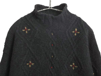 80s エルエルビーン ハイネック ウール ニット セーター レディース M ヴィンテージ アウトドア 花柄 フラワー 絵柄 デザイン 長袖セーター