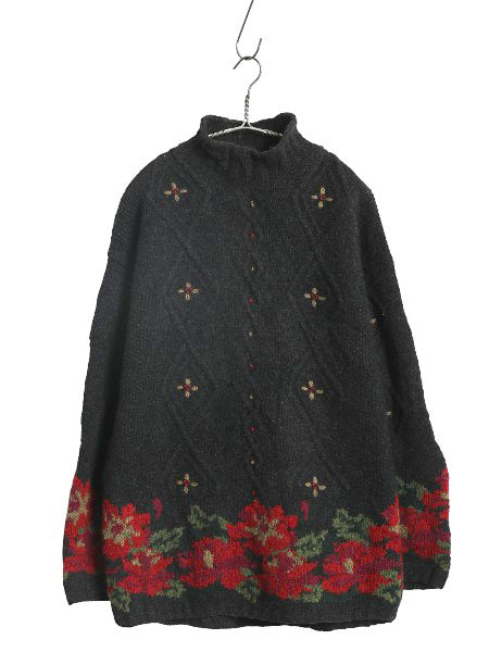 80s エルエルビーン ハイネック ウール ニット セーター レディース M ヴィンテージ アウトドア 花柄 フラワー 絵柄 デザイン 長袖セーター