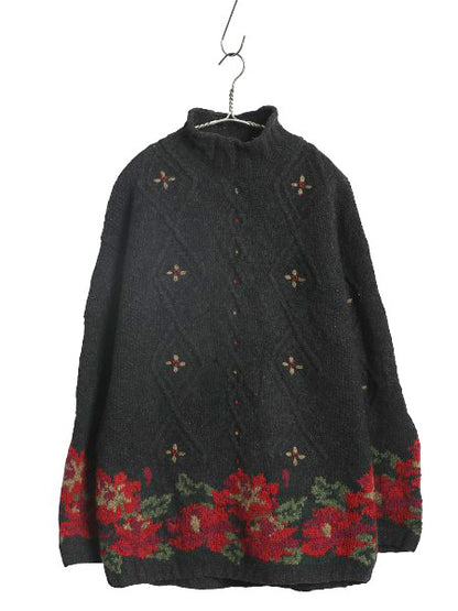 80s エルエルビーン ハイネック ウール ニット セーター レディース M ヴィンテージ アウトドア 花柄 フラワー 絵柄 デザイン 長袖セーター
