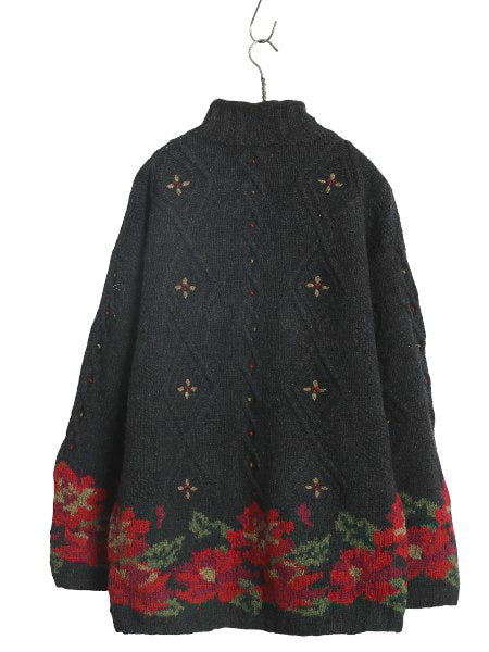 80s エルエルビーン ハイネック ウール ニット セーター レディース M ヴィンテージ アウトドア 花柄 フラワー 絵柄 デザイン 長袖セーター