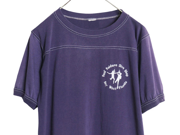 70s 80s 企業 プリント 半袖 Tシャツ メンズ L 小さめ ヴィンテージ 当時物 フットボール タイプ クジラ イラスト シングルステッチ ナス紺