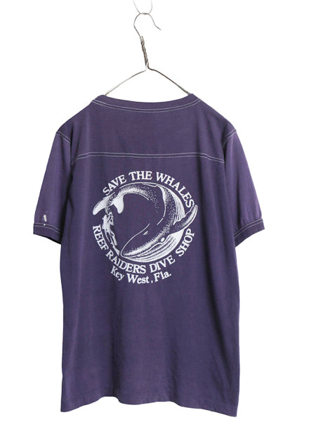 70s 80s 企業 プリント 半袖 Tシャツ メンズ L 小さめ ヴィンテージ 当時物 フットボール タイプ クジラ イラスト シングルステッチ ナス紺