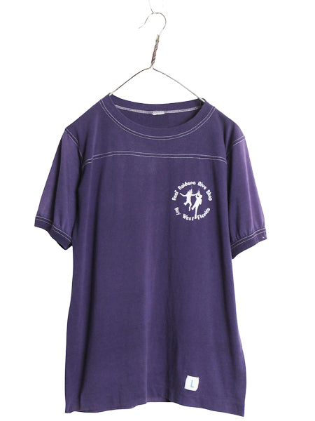 70s 80s 企業 プリント 半袖 Tシャツ メンズ L 小さめ ヴィンテージ 当時物 フットボール タイプ クジラ イラスト シングルステッチ ナス紺