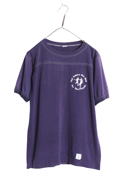 70s 80s 企業 プリント 半袖 Tシャツ メンズ L 小さめ ヴィンテージ 当時物 フットボール タイプ クジラ イラスト シングルステッチ ナス紺