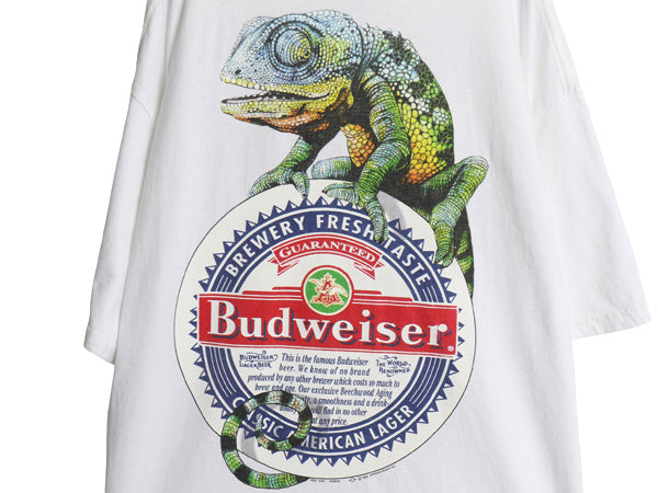 90s ★ バドワイザー カメレオン イラスト プリント Tシャツ メンズ XL 古着 グラフィック ビール 当時物 企業物 アニマル キャラクター 白