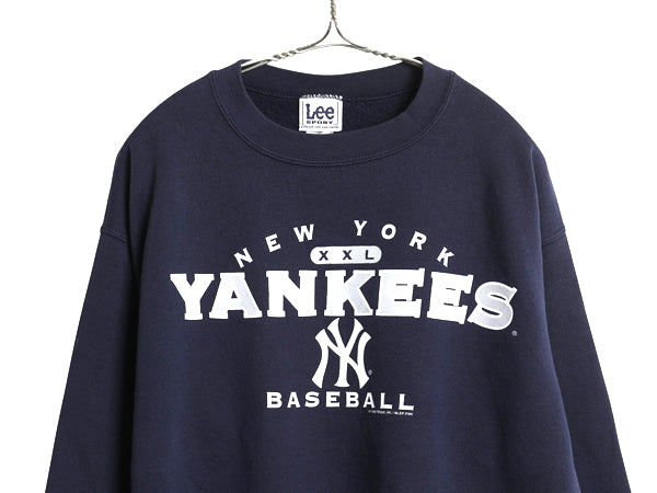 00s ヤンキース プリント スウェット メンズ L 程/ オールド MLB オフィシャル リー トレーナー 裏起毛 大リーグ クルーネック シンプル 紺