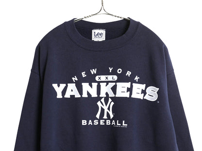 00s ヤンキース プリント スウェット メンズ L 程/ オールド MLB オフィシャル リー トレーナー 裏起毛 大リーグ クルーネック シンプル 紺