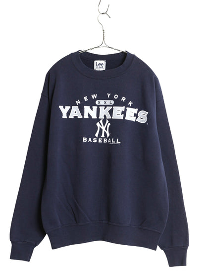 00s ヤンキース プリント スウェット メンズ L 程/ オールド MLB オフィシャル リー トレーナー 裏起毛 大リーグ クルーネック シンプル 紺