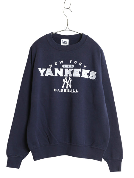 00s ヤンキース プリント スウェット メンズ L 程/ オールド MLB オフィシャル リー トレーナー 裏起毛 大リーグ クルーネック シンプル 紺
