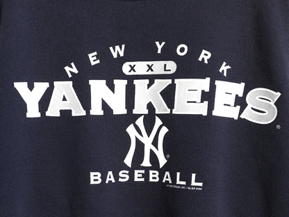 00s ヤンキース プリント スウェット メンズ L 程/ オールド MLB オフィシャル リー トレーナー 裏起毛 大リーグ クルーネック シンプル 紺