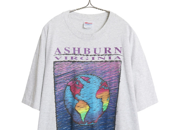 90s USA製 アート メッセージ イラスト プリント Tシャツ メンズ XL オールド グラフィック シングルステッチ 地球 大きいサイズ 霜降り 灰