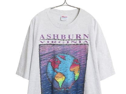 90s USA製 アート メッセージ イラスト プリント Tシャツ メンズ XL オールド グラフィック シングルステッチ 地球 大きいサイズ 霜降り 灰