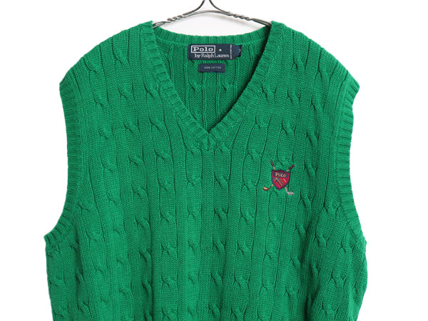 90s ポロ ラルフローレン Vネック ケーブル ニット ベスト メンズ M / オールド コットン セーター プルオーバー 重ね着 ジレ ワンポイント