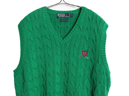 90s ポロ ラルフローレン Vネック ケーブル ニット ベスト メンズ M / オールド コットン セーター プルオーバー 重ね着 ジレ ワンポイント