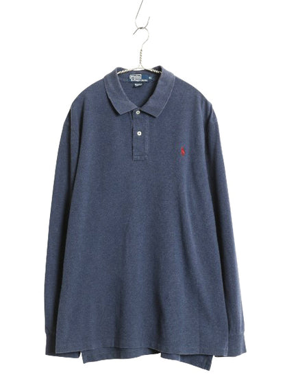 90s ポロ ラルフローレン 鹿の子 長袖 ポロシャツ メンズ XL 古着 オールド 長袖シャツ コットン カットソー ワンポイント 大きいサイズ 紺