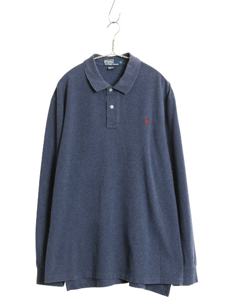 90s ポロ ラルフローレン 鹿の子 長袖 ポロシャツ メンズ XL 古着 オールド 長袖シャツ コットン カットソー ワンポイント 大きいサイズ 紺