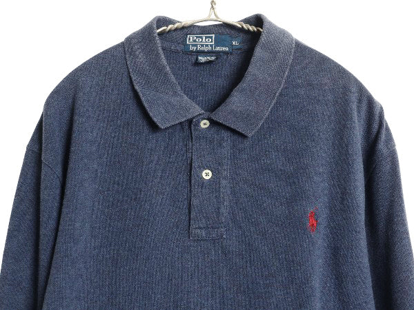 90s ポロ ラルフローレン 鹿の子 長袖 ポロシャツ メンズ XL 古着 オールド 長袖シャツ コットン カットソー ワンポイント 大きいサイズ 紺