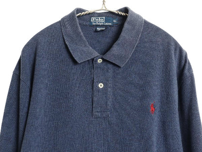 90s ポロ ラルフローレン 鹿の子 長袖 ポロシャツ メンズ XL 古着 オールド 長袖シャツ コットン カットソー ワンポイント 大きいサイズ 紺