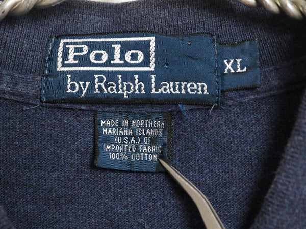 90s ポロ ラルフローレン 鹿の子 長袖 ポロシャツ メンズ XL 古着 オールド 長袖シャツ コットン カットソー ワンポイント 大きいサイズ 紺
