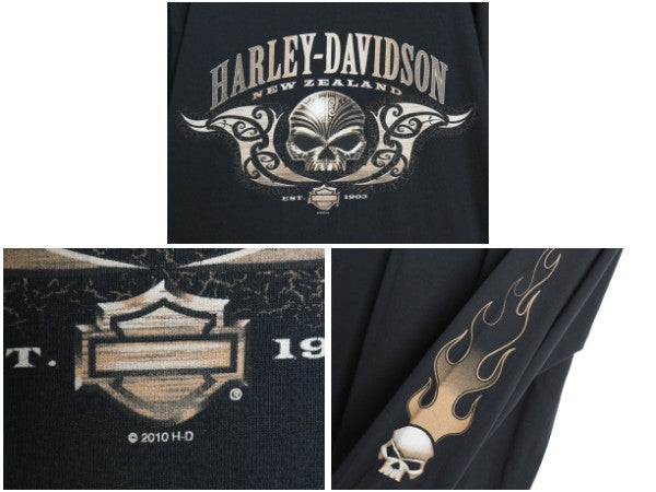 ハーレー ダビットソン スカル ファイヤー プリント 長袖 Tシャツ メンズ XL / オフィシャル バイク イラスト ロンT 大きいサイズ ブラック