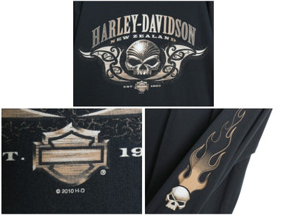 ハーレー ダビットソン スカル ファイヤー プリント 長袖 Tシャツ メンズ XL / オフィシャル バイク イラスト ロンT 大きいサイズ ブラック