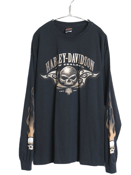 ハーレー ダビットソン スカル ファイヤー プリント 長袖 Tシャツ メンズ XL / オフィシャル バイク イラスト ロンT 大きいサイズ ブラック