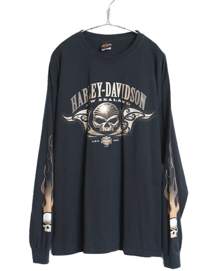 ハーレー ダビットソン スカル ファイヤー プリント 長袖 Tシャツ メンズ XL / オフィシャル バイク イラスト ロンT 大きいサイズ ブラック