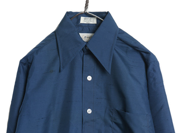 デッドストック 70s Orsini カスリ 織り ナイロン 長袖 シャツ メンズ S 新品 高級 カジュアル ワイシャツ ボックス ポケット付き 無地 紺 