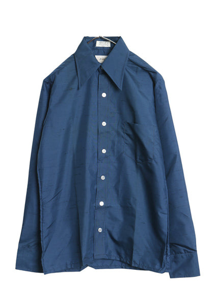 デッドストック 70s Orsini カスリ 織り ナイロン 長袖 シャツ メンズ S 新品 高級 カジュアル ワイシャツ ボックス ポケット付き 無地 紺 