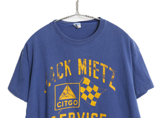 70s USA製 チャンピオン 3段 企業 プリント 半袖 Tシャツ メンズ XL 小さめ M ヴィンテージ バータグ コットン レース シングルステッチ 青