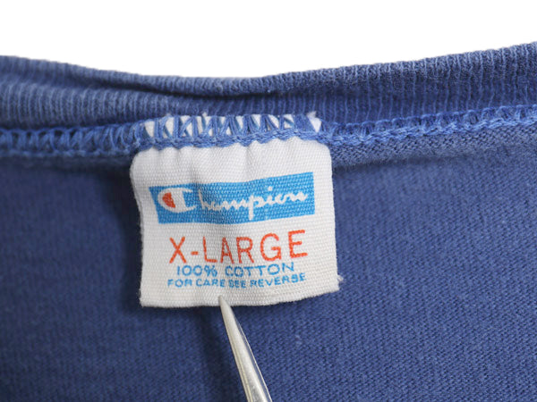 70s USA製 チャンピオン 3段 企業 プリント 半袖 Tシャツ メンズ XL 小さめ M ヴィンテージ バータグ コットン レース シングルステッチ 青